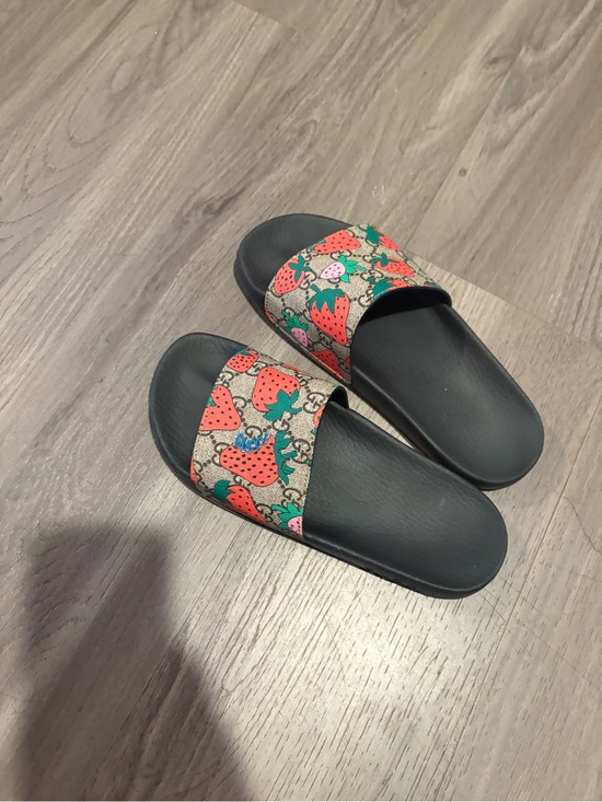 Gucci Shoes - Gucci Black Slides with Strawberry Print Strap
